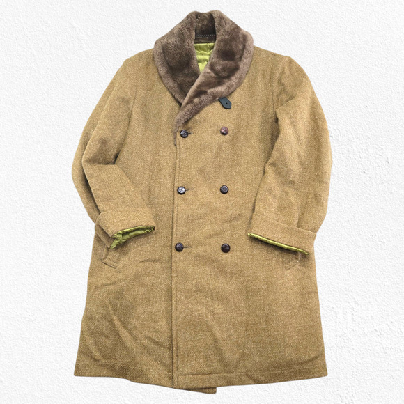 Vintage 50s Mustard Brown Mighty-Mac Fisherman Wool Coat Fur Collar Size 40 USA - Picture 1 of 16